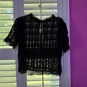Dynamite Black Sheer Lace Blouse Short Sleeve